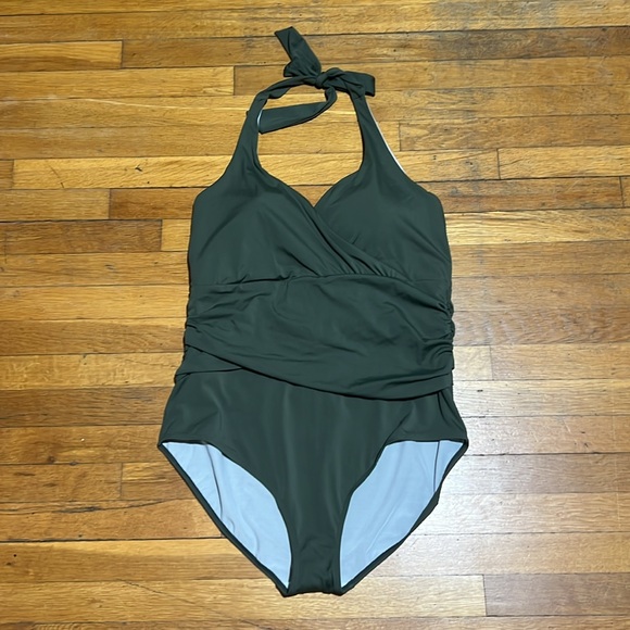 Olive Green Halter One-Piece Swimsuit - Picture 2 of 12